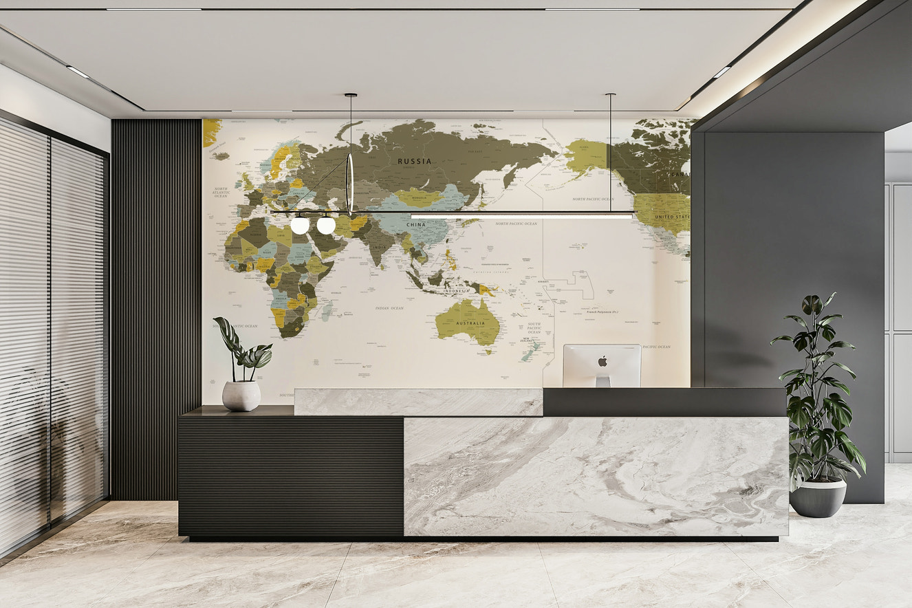 パシフィック中心の世界地図オリーブグリーンウォール壁画