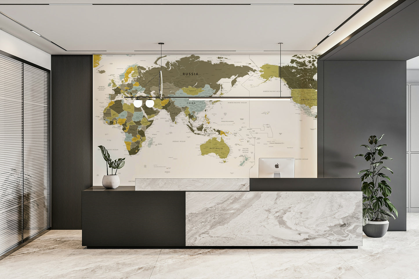 Pacific Centred World Map Olive Green Wall Mural