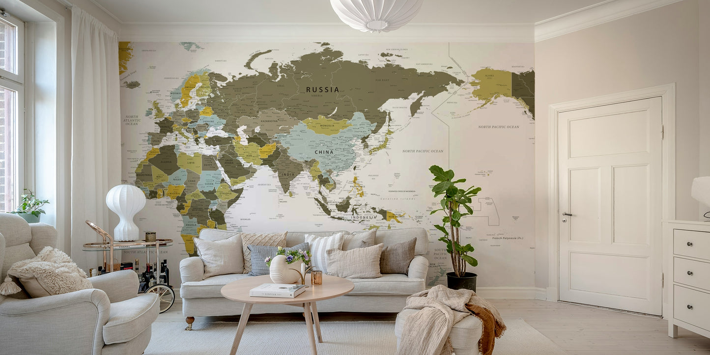 Pacific Centred World Map Olive Green Wall Mural