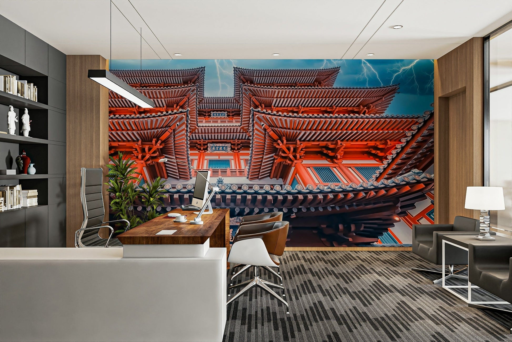 A beautiful dramatic temple wallpaper mural with storm clouds.

