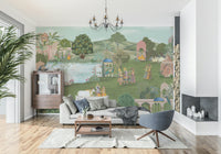 Pahari peacocks wall mural with decorative botanicals and curved branches