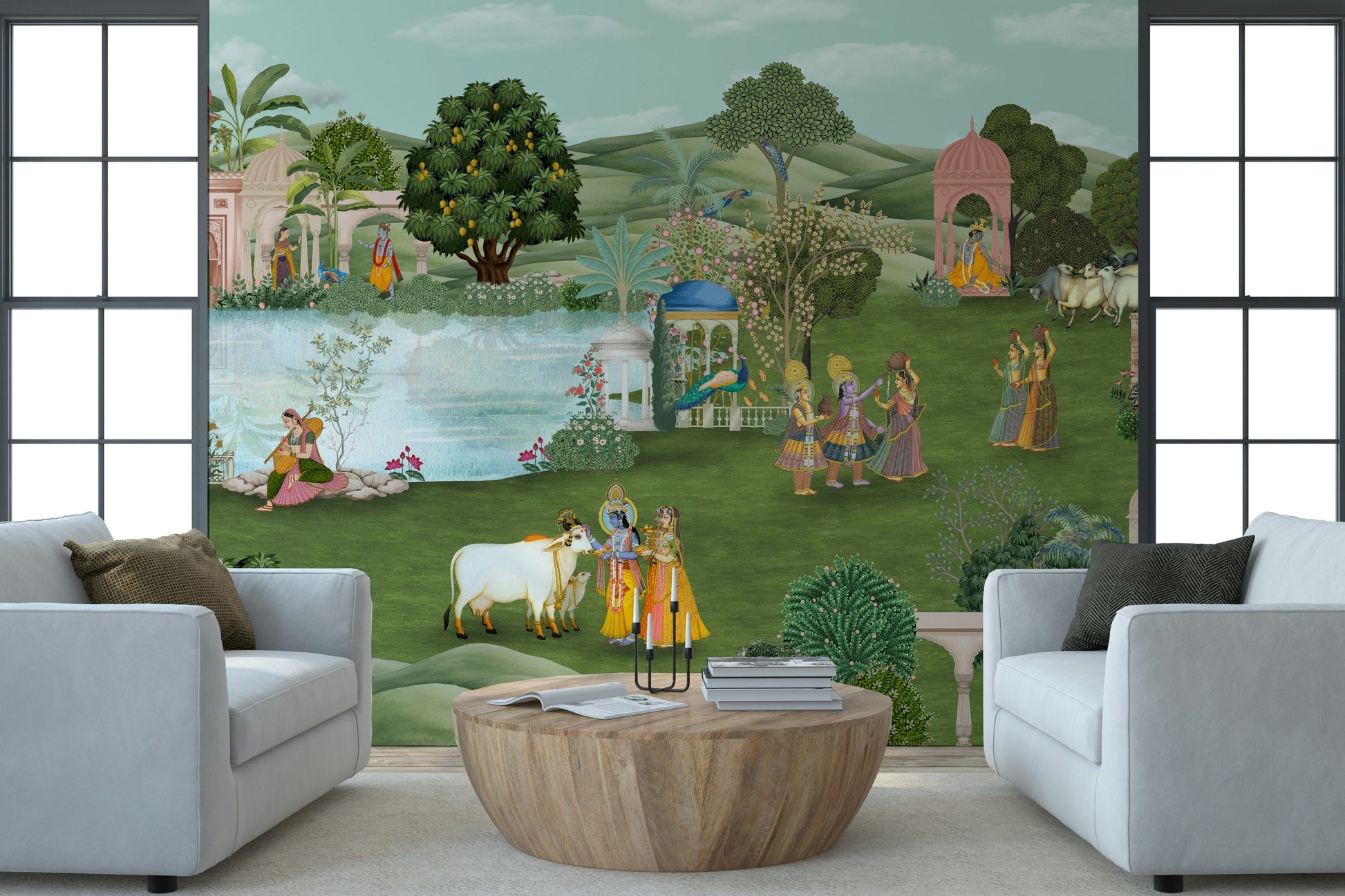 Elegant peacock illustration in traditional Pahari painting style wall mural