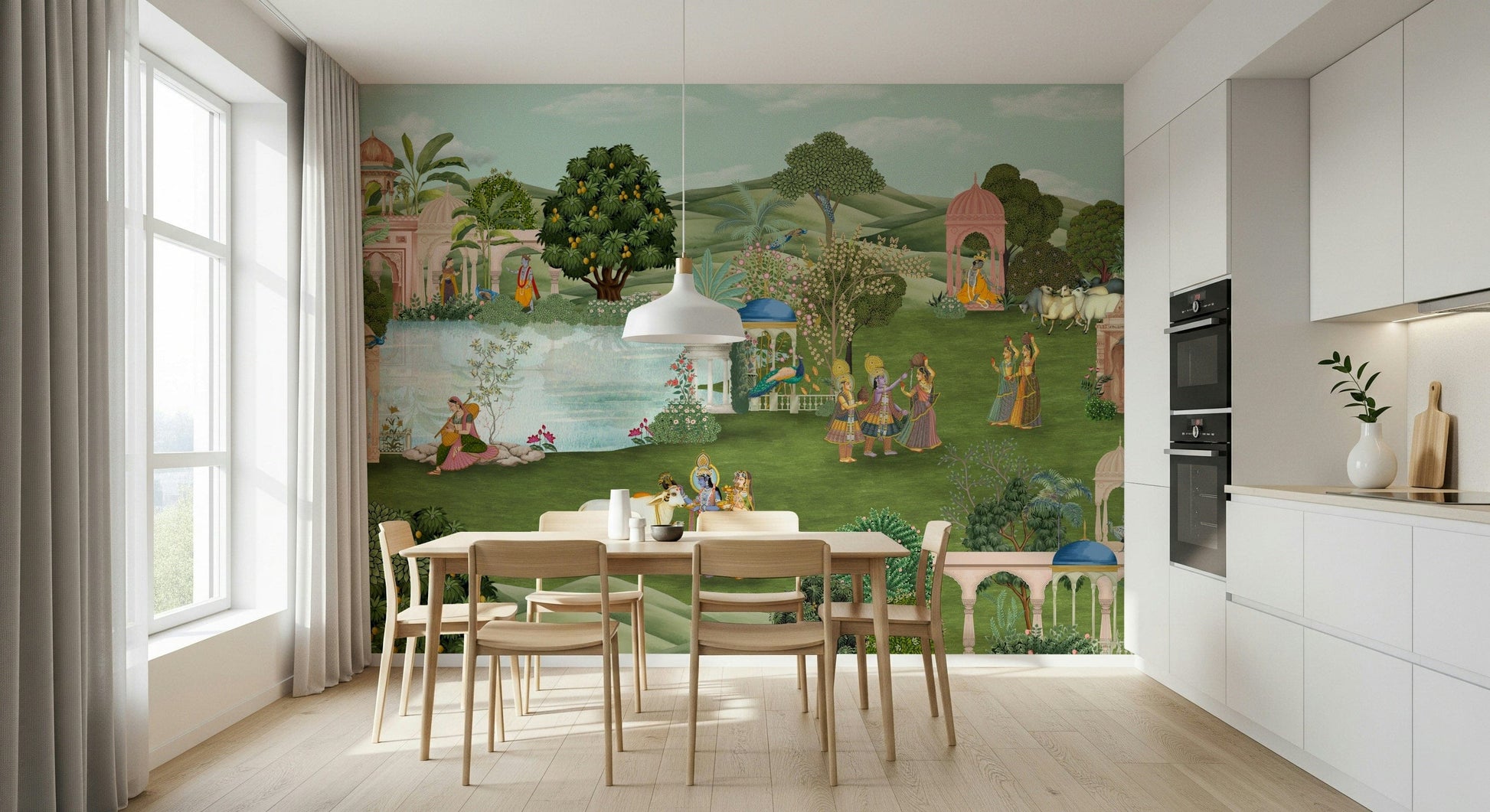 Peacock pair in a nature scene, Pahari-inspired wall mural artwork