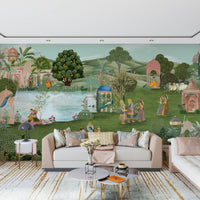 Two peacocks perched on branches in a Pahari art inspired wall mural