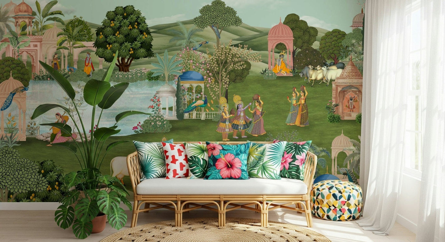 Pahari peacock and foliage wall mural in muted pastel tones