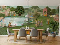 Traditional Pahari peacock mural with soft greens, blues, and floral details