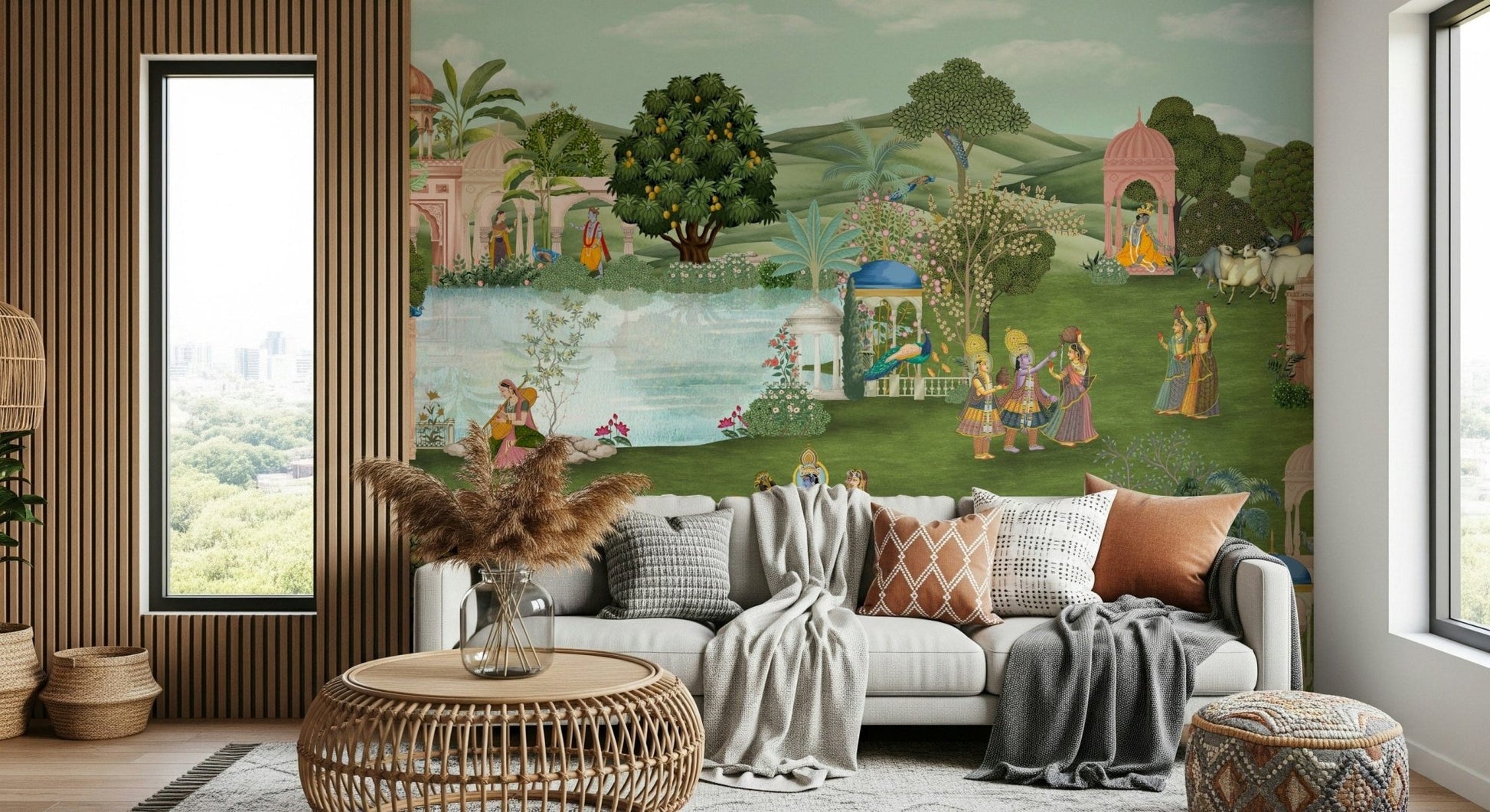 Close-up of peacock motif and floral border in a Pahari wall mural