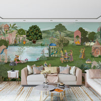 Two peacocks perched on branches in a Pahari art inspired wall mural