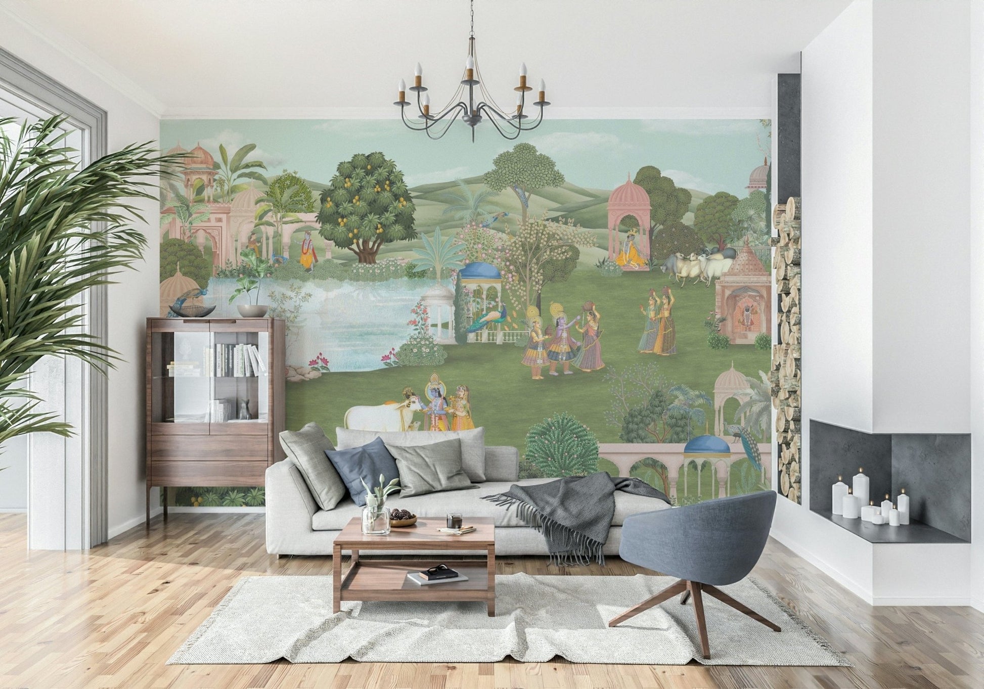 Pahari peacocks wall mural with decorative botanicals and curved branches