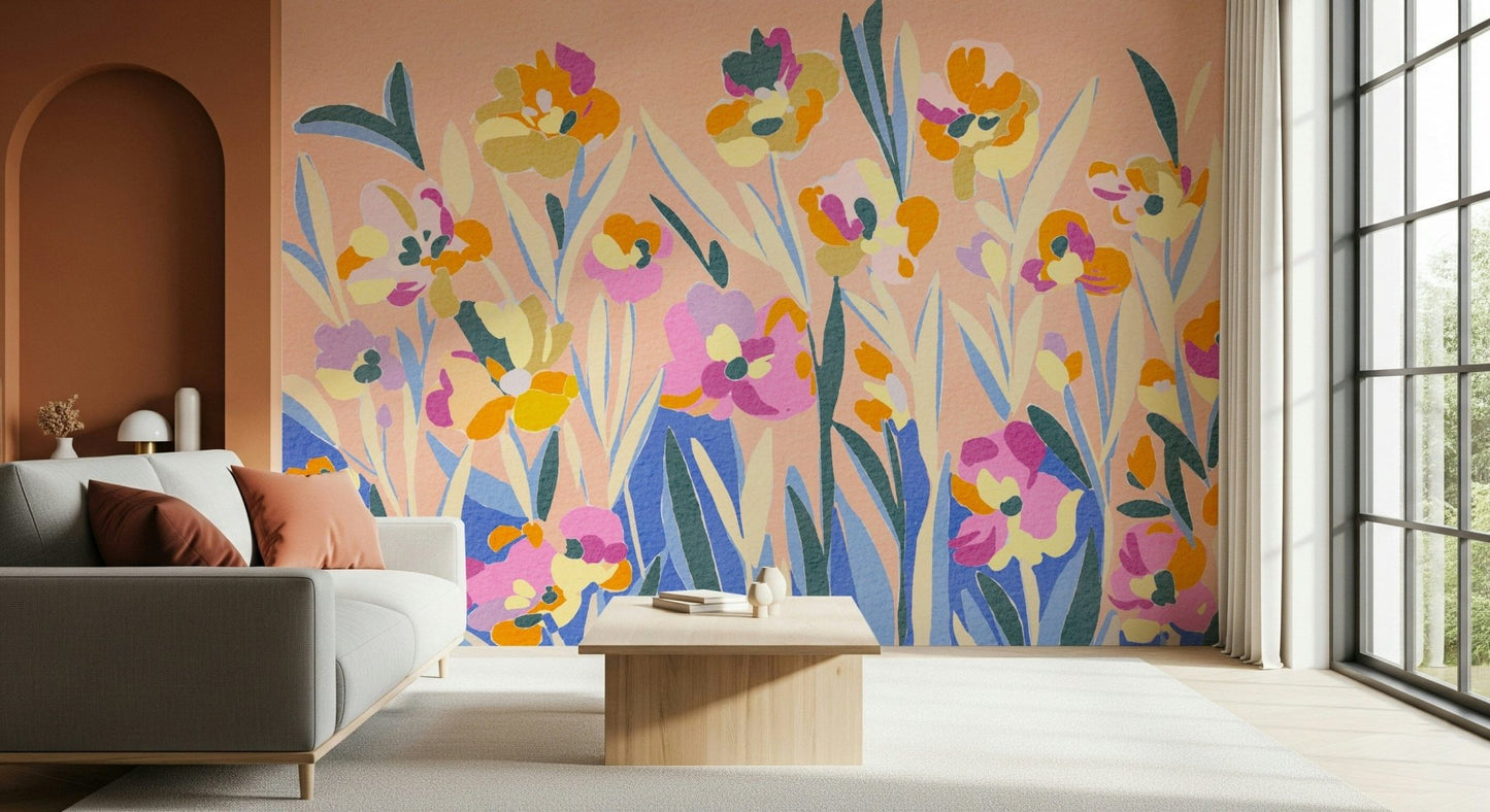 Cheerful floral illustration mural showing pink and orange blooms.