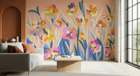 Cheerful floral illustration mural showing pink and orange blooms.