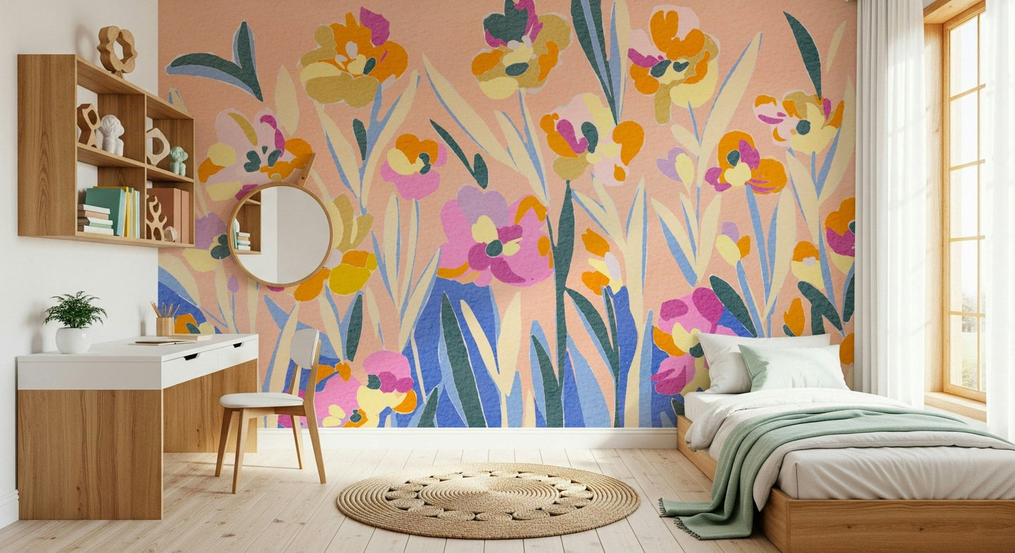 Repeating abstract flower Painted Blossom wallpaper adds joyful texture.