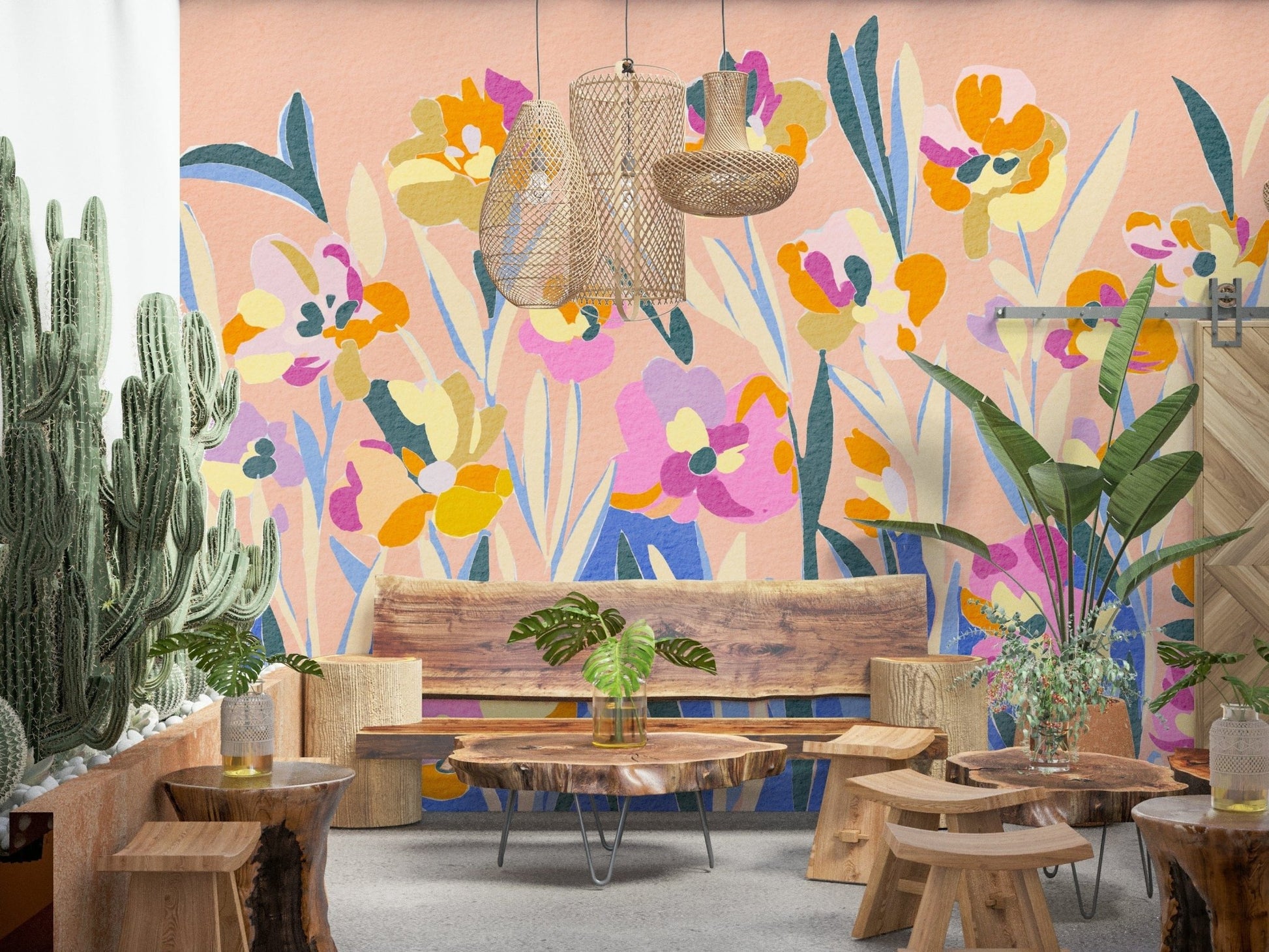 Stylized modern flower Painted Blossom wallpaper in lively shades.