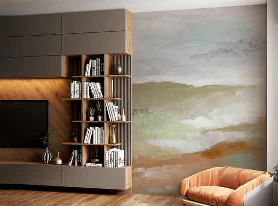 A wall mural of a painted landscape.

