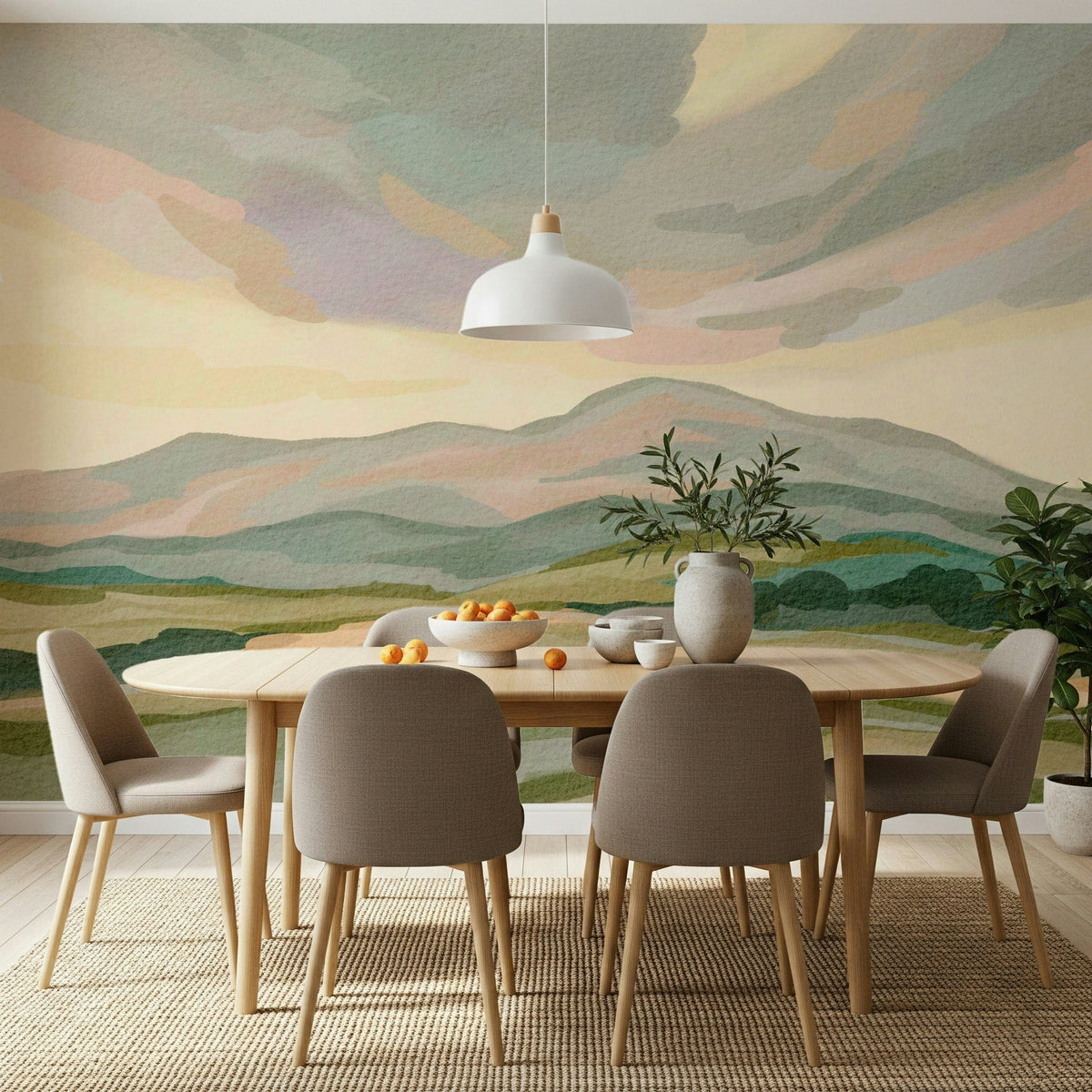 Gentle rolling terrain Painted Mountainscape peaceful scenery decor.