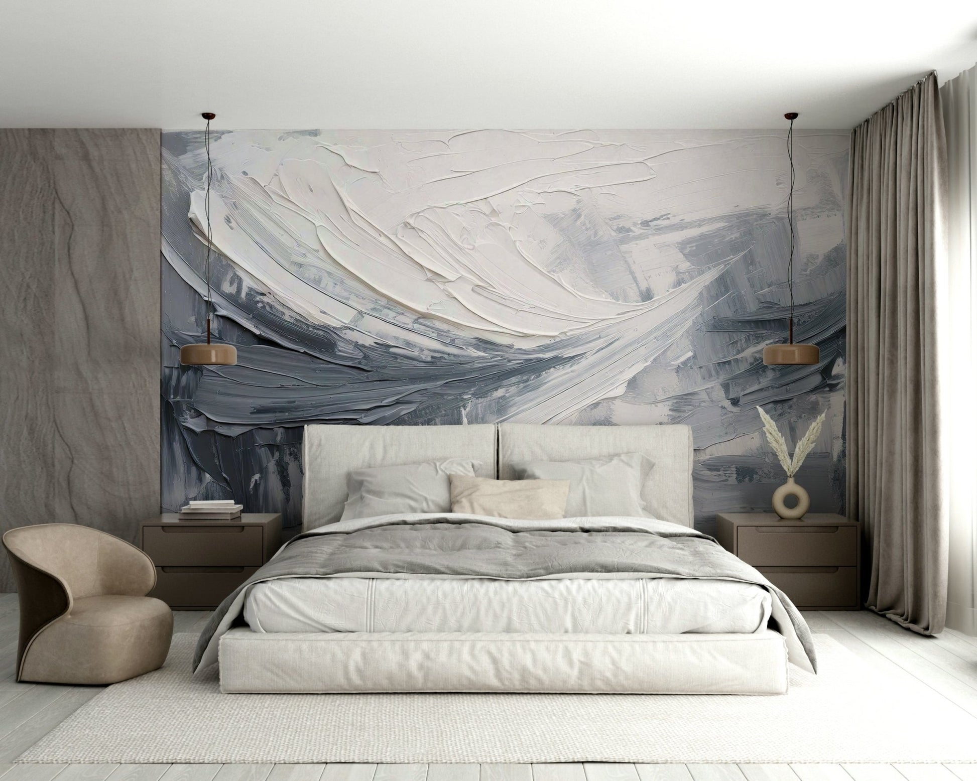Abstract brushwork mural in grayscale layers

