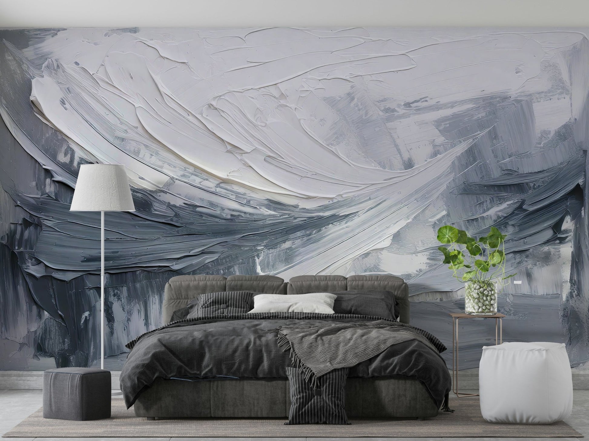 Abstract grayscale mural in modern gallery room

