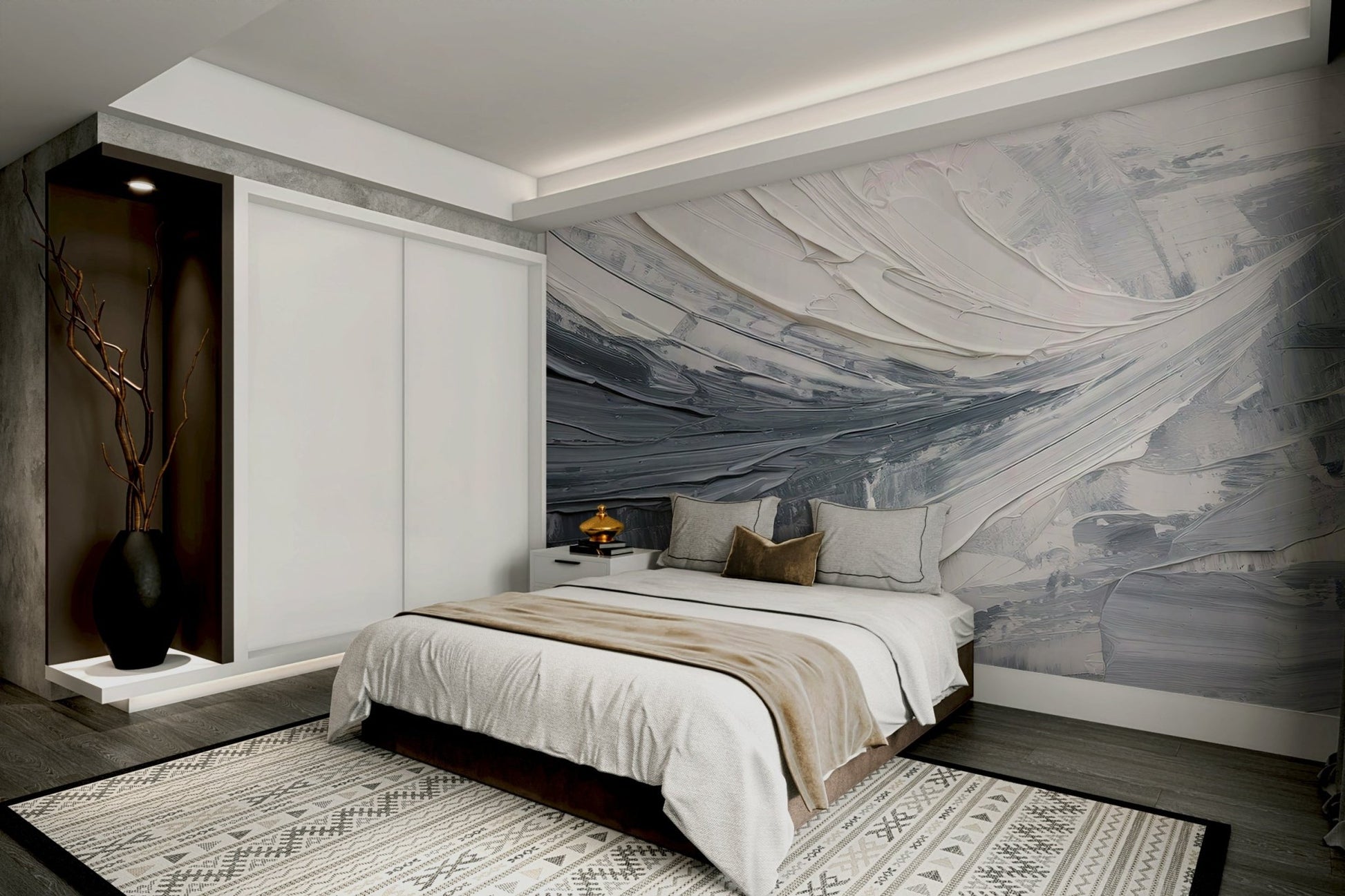 Elegant grayscale abstract mural in living room

