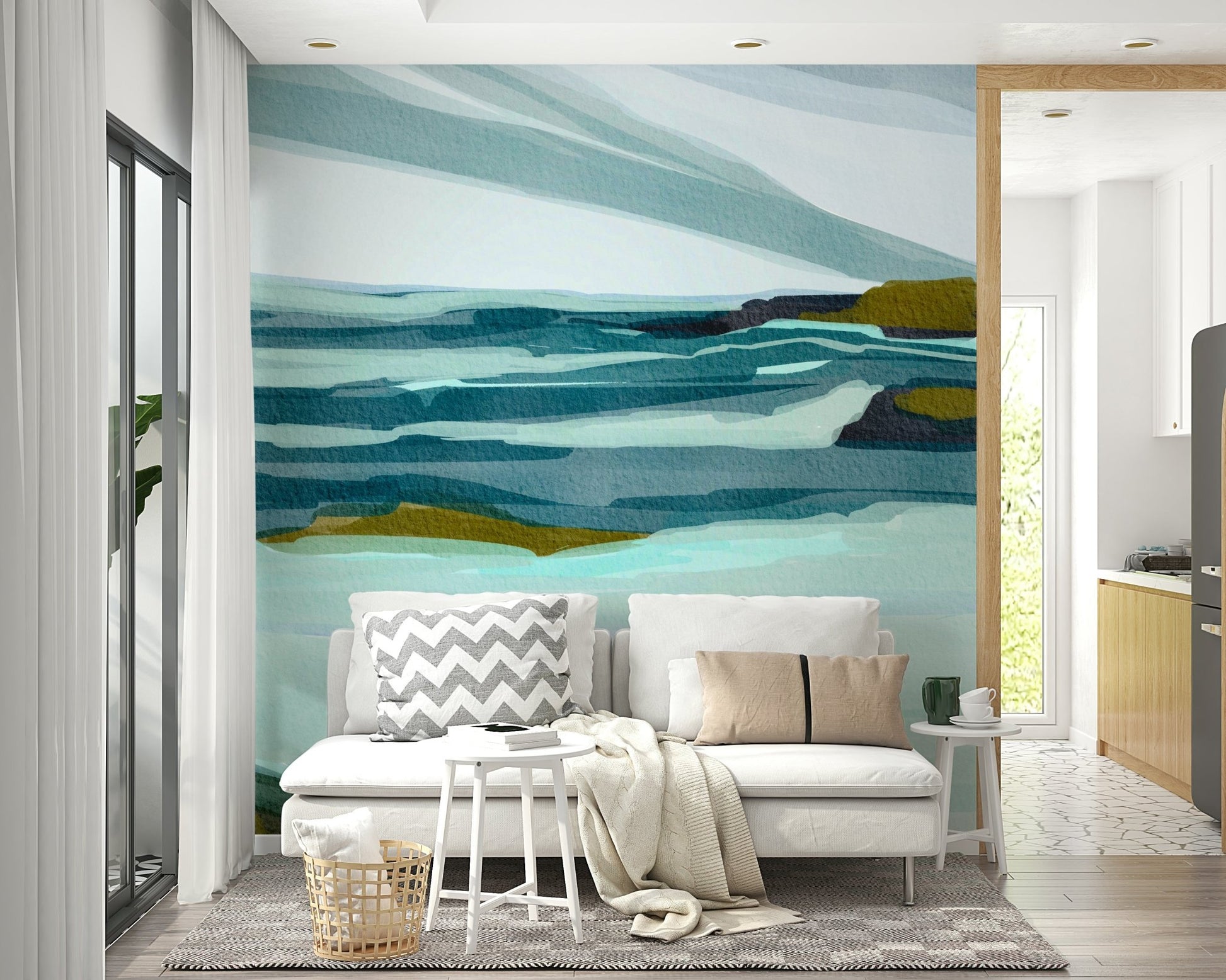 The image shows a serene view of a calm ocean and a painted shoreline.

