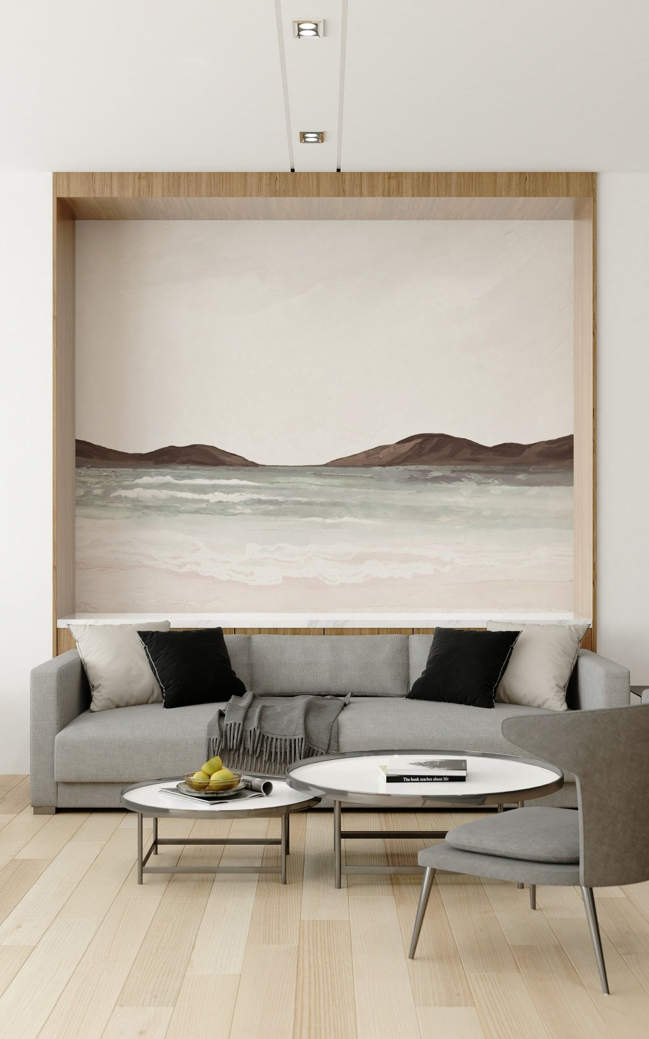 Beach-inspired wall mural for home office, modern style, soft coastal color palette