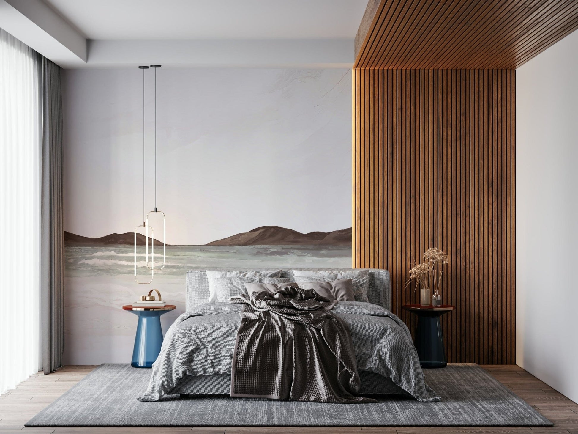 Watercolor sea and shore mural in dining area, light blue tones, statement wall