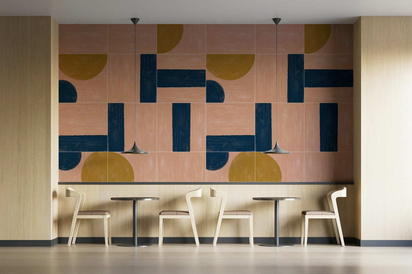 Hand-painted tile design mural with vibrant colors and patterns

