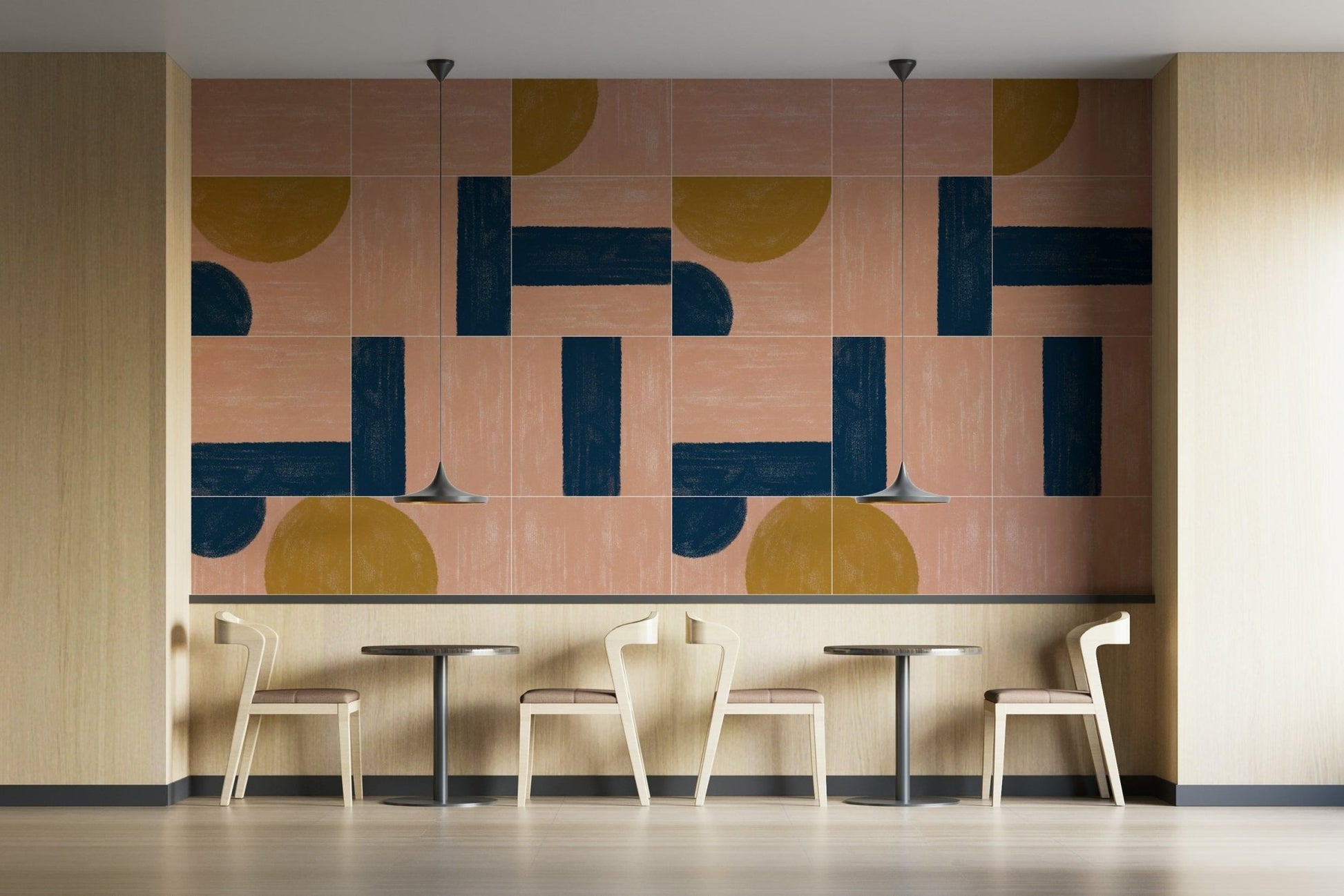 Hand-painted tile design mural with vibrant colors and patterns

