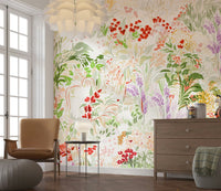 A painterly meadow wallpaper featuring soft brushstrokes of wildflowers in vibrant greens, reds, and purples.