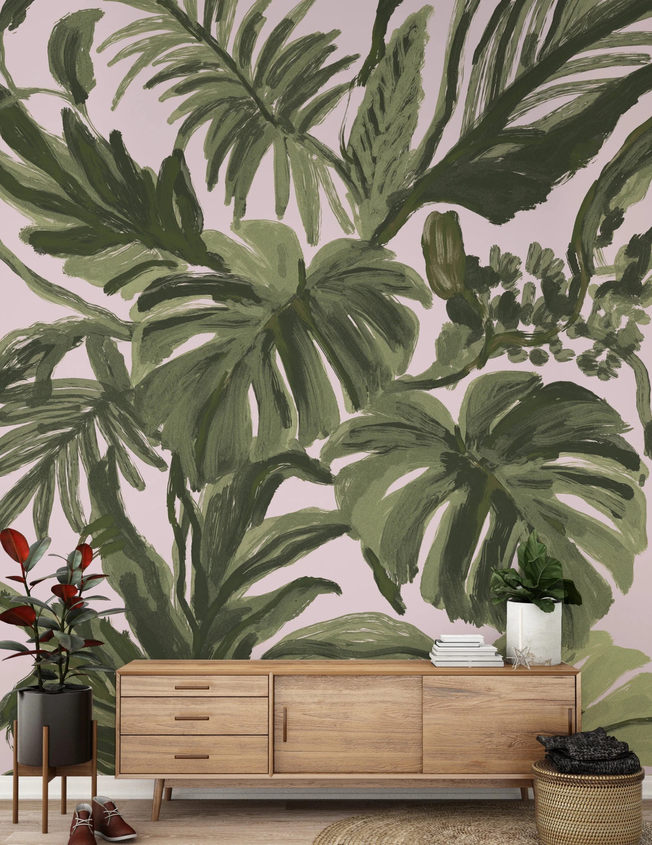 Painterly Palms Blush Tropical Foliage Wall Mural