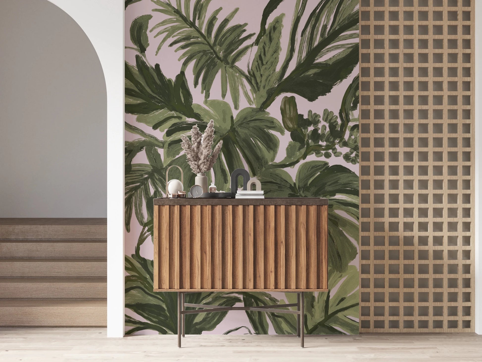 Painterly Palms Blush Tropical Foliage Wall Mural