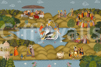 Traditional Indian wall mural with Krishna, musicians, and village gatherings