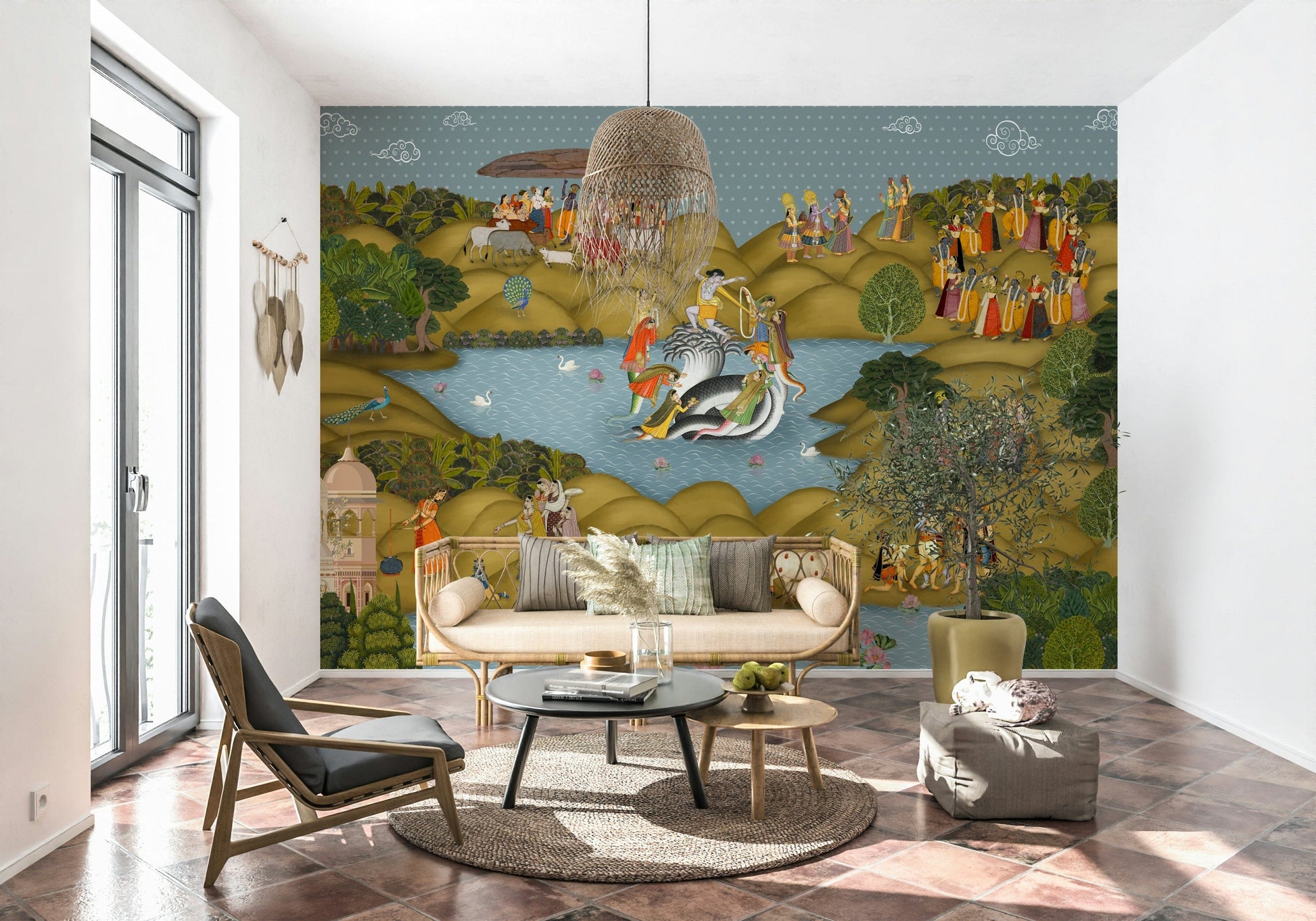 Palace jali mural artwork showing daily life, rituals, and mythological moments