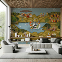 Decorative wall mural inspired by Indian miniature paintings and folklore