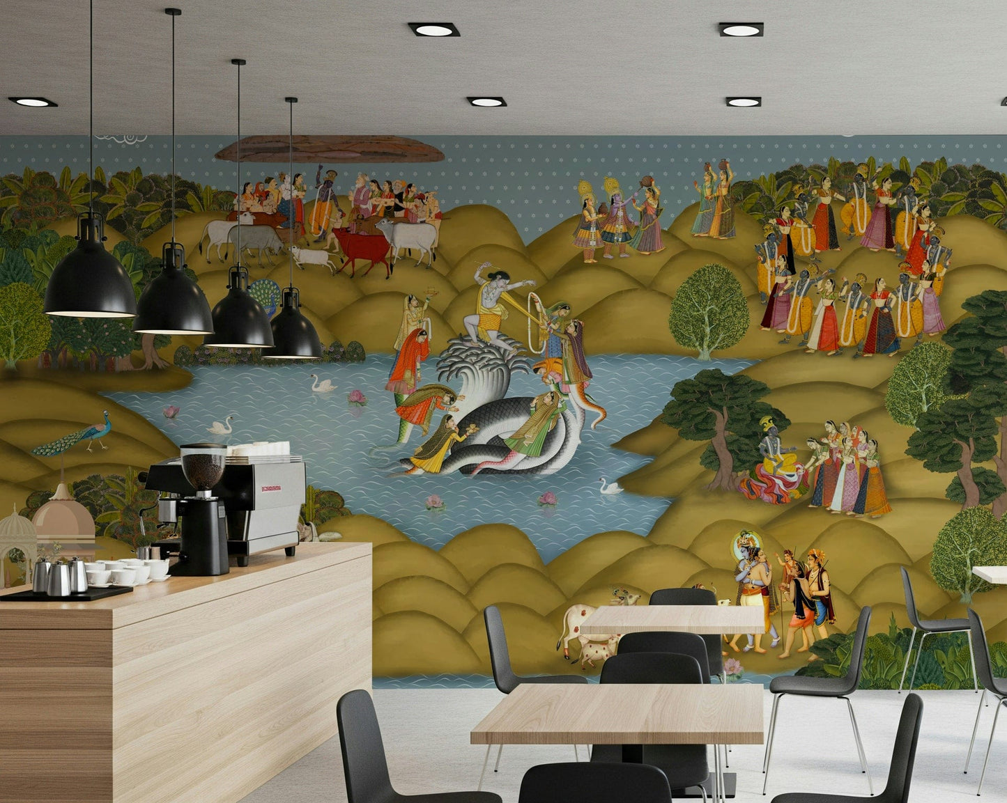 Indian palace mural with layered hills, rivers, trees, and human figures