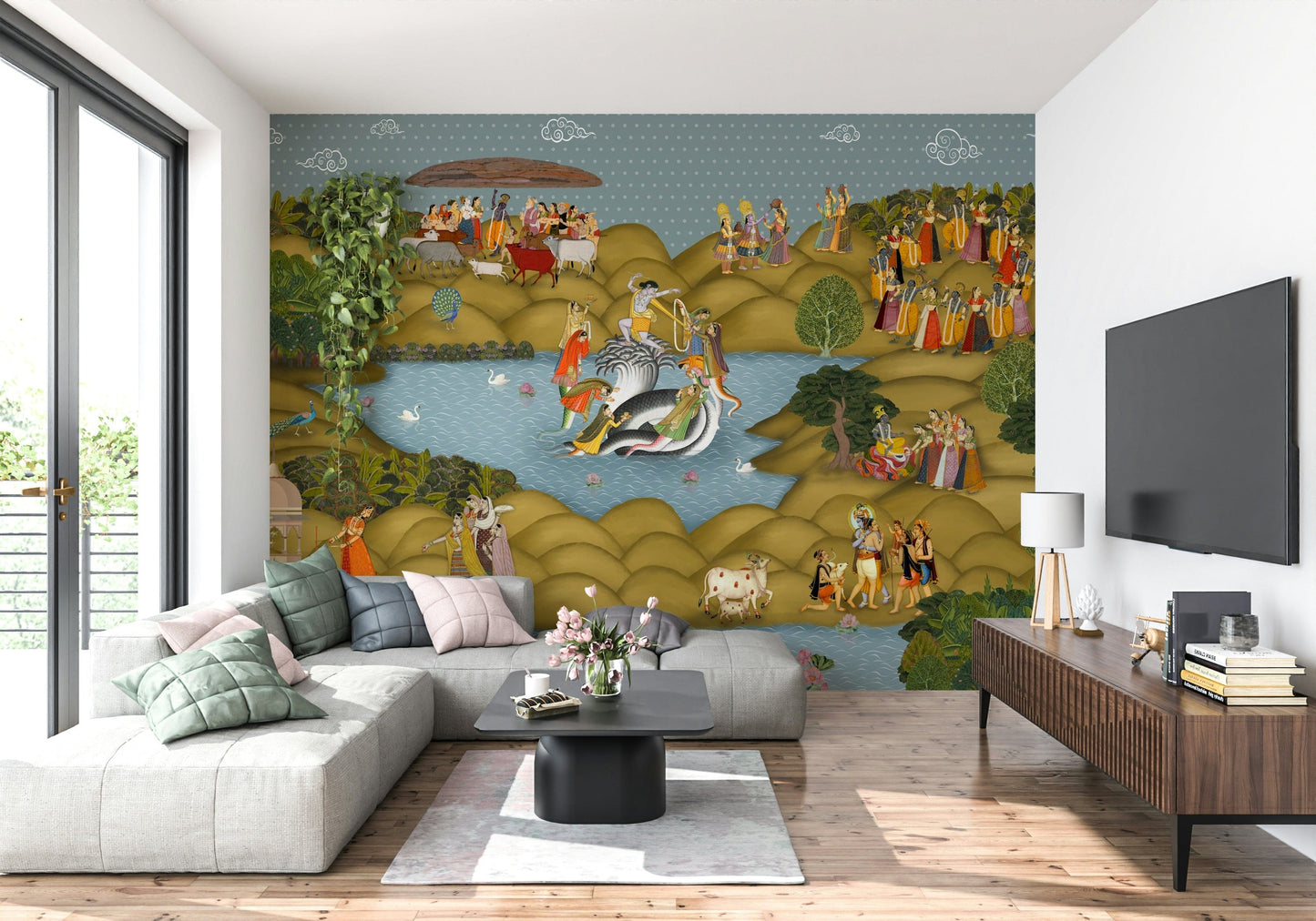 Palace-inspired wall mural with Krishna, gopis, cattle, and lush landscape