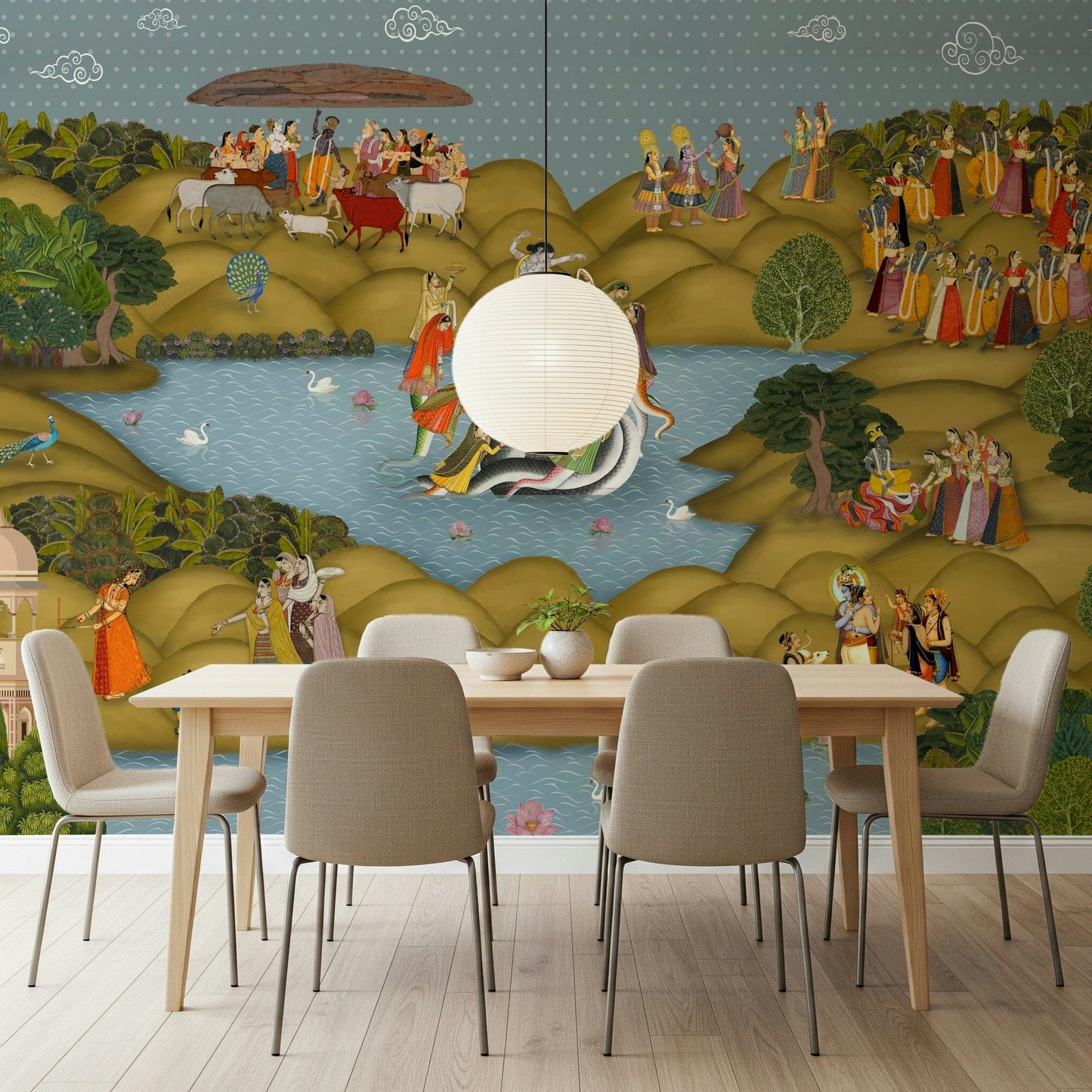 Decorative jali-inspired wall mural in neutral tones