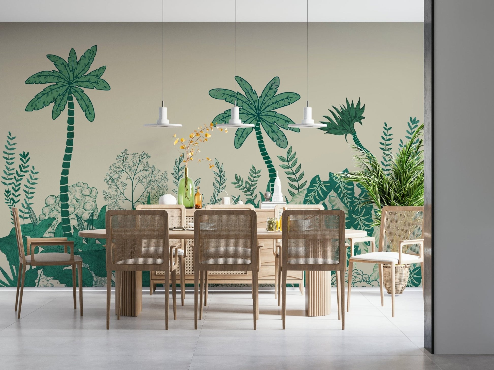 Palm leaf mural in bedroom, soft color and relaxed style