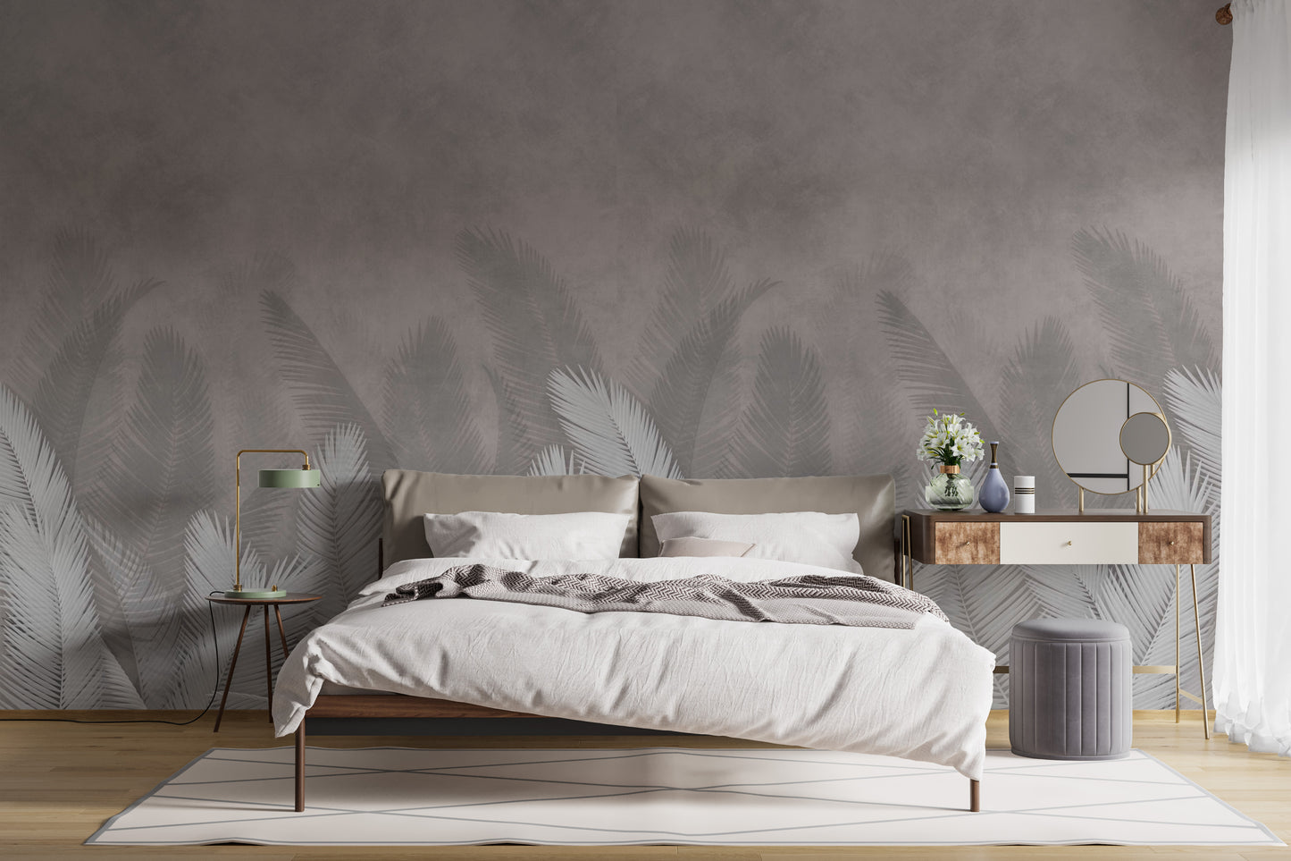 Elegant palm leaves with gray wallpaper