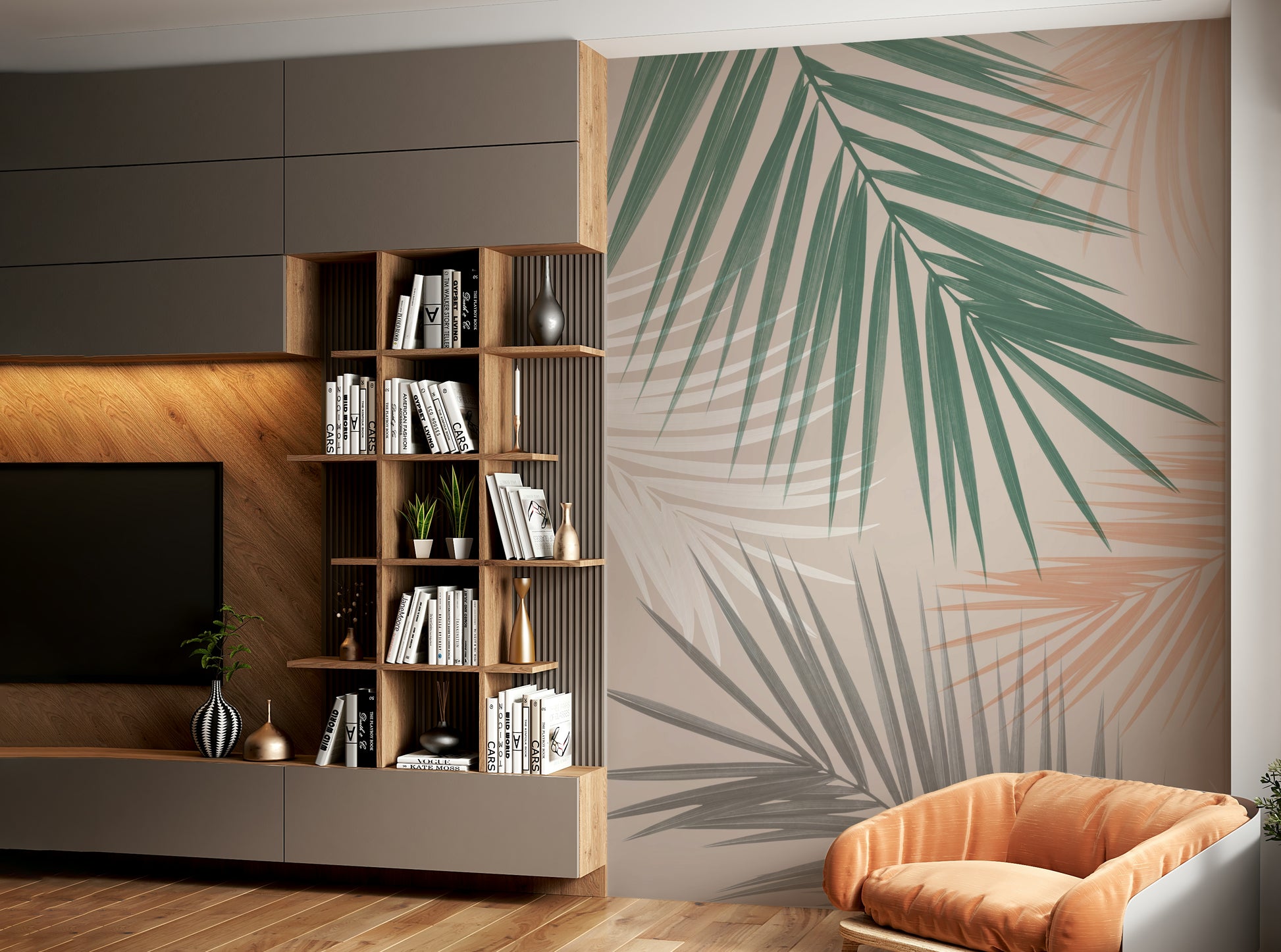 Nature-inspired palm leaves mural for living rooms

