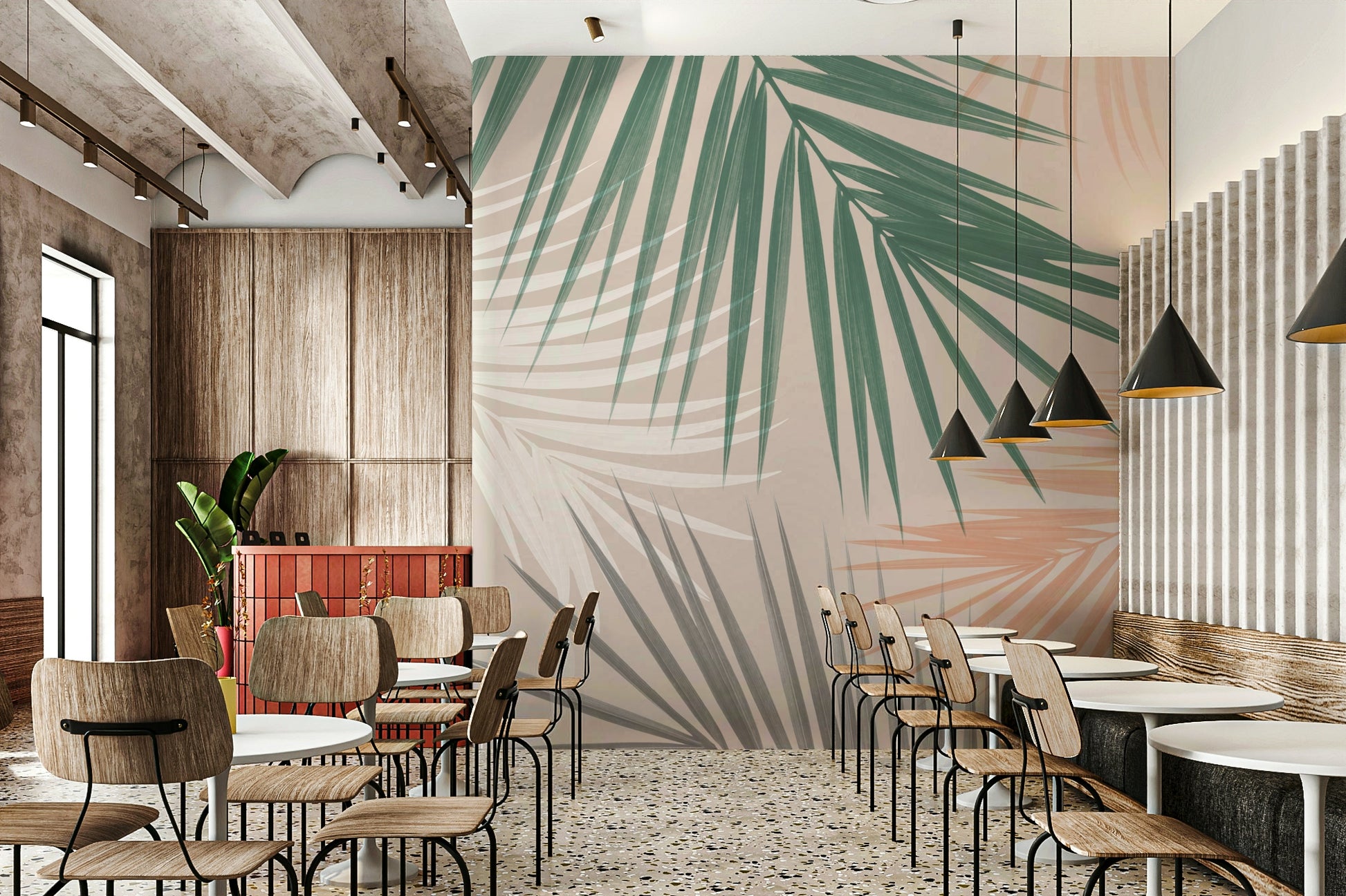 Tropical palm leaves wall mural with a playful vibe

