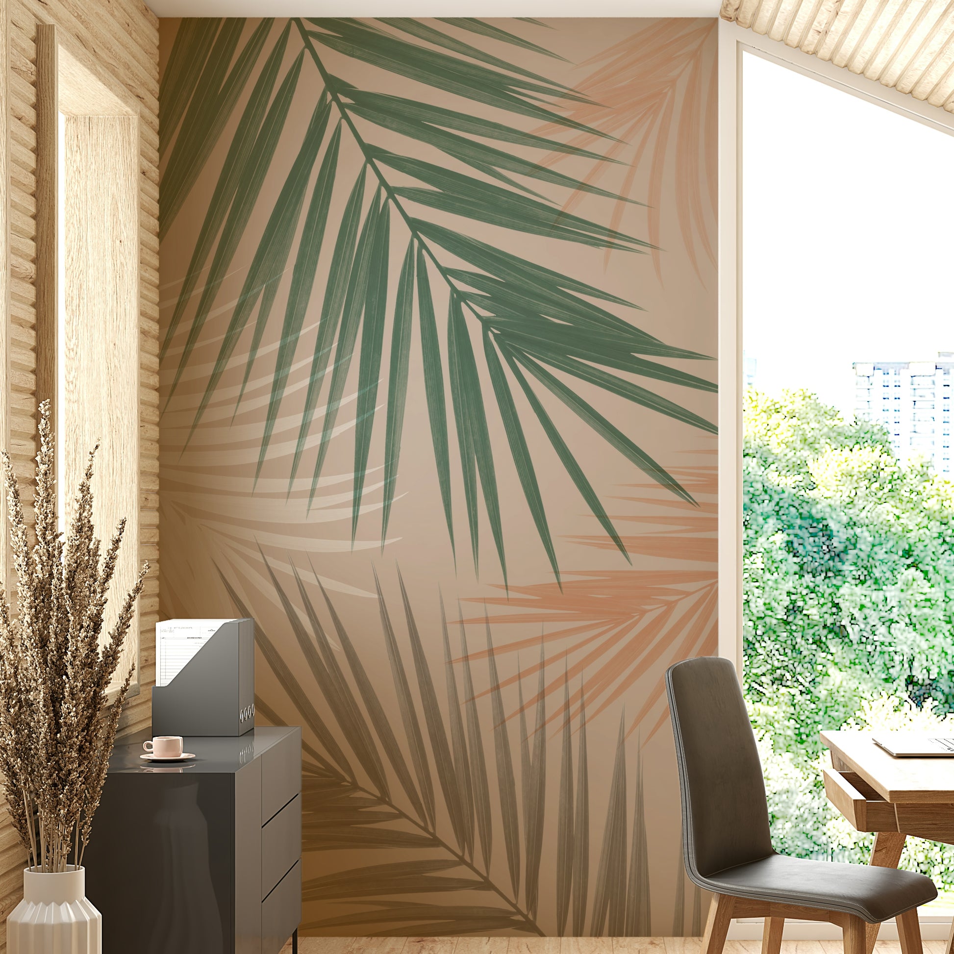 Lush palm leaves mural for tropical-themed rooms

