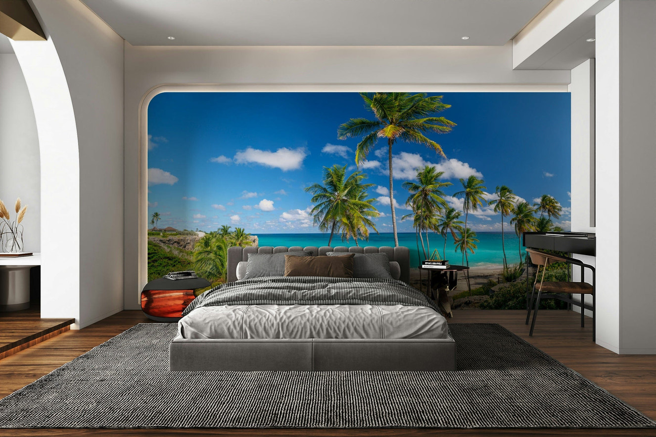 A beautiful palm-lined shore wallpaper mural with clear blue water.

