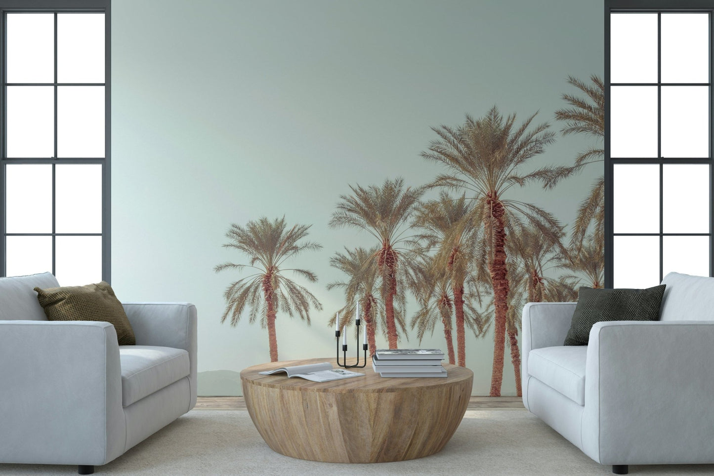 Dreamy palm oasis wallpaper featuring layered palm fronds in earthy pastels.