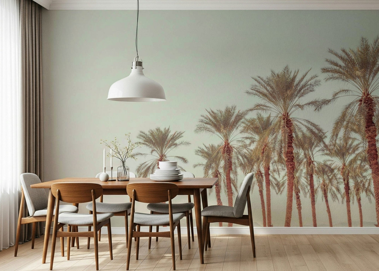 Palm Oasis Hues wallpaper featuring tall, sun-kissed palm trees against a soft gradient sky.