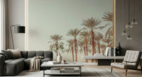 Tall palm silhouettes rising in warm neutral hues on a relaxed tropical wallpaper.