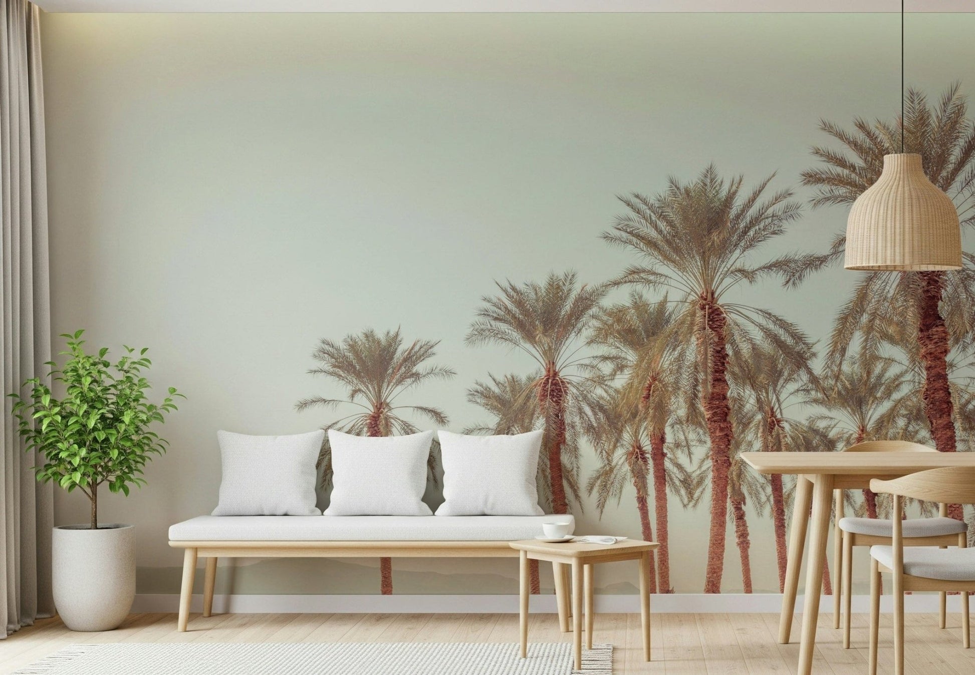 Muted desert-inspired palm trees printed on a calming oasis-themed wallpaper.