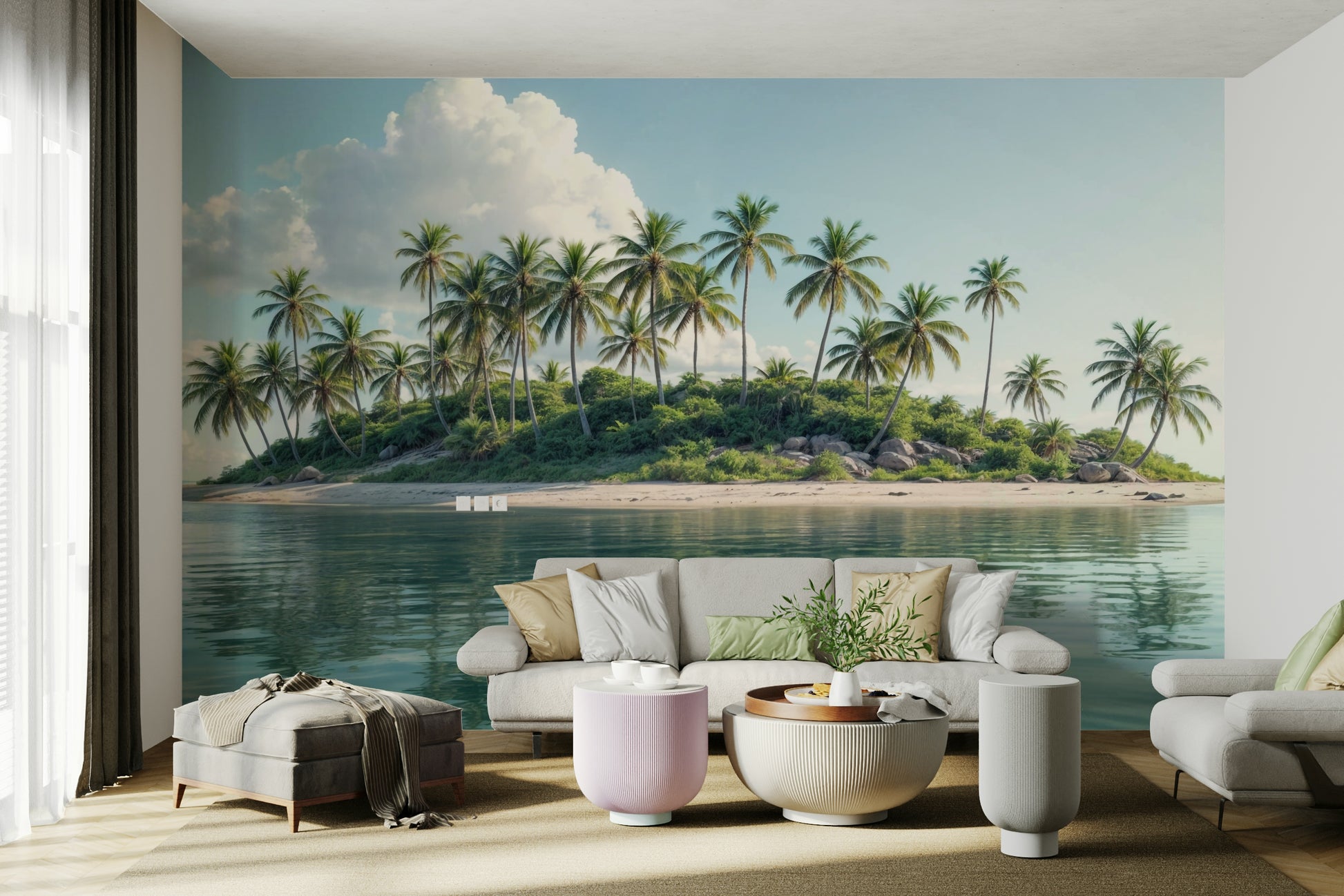 Palm Paradise Wall Mural behind a velvet armchair in a lounge.
