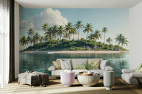 Palm Paradise Wall Mural behind a velvet armchair in a lounge.
