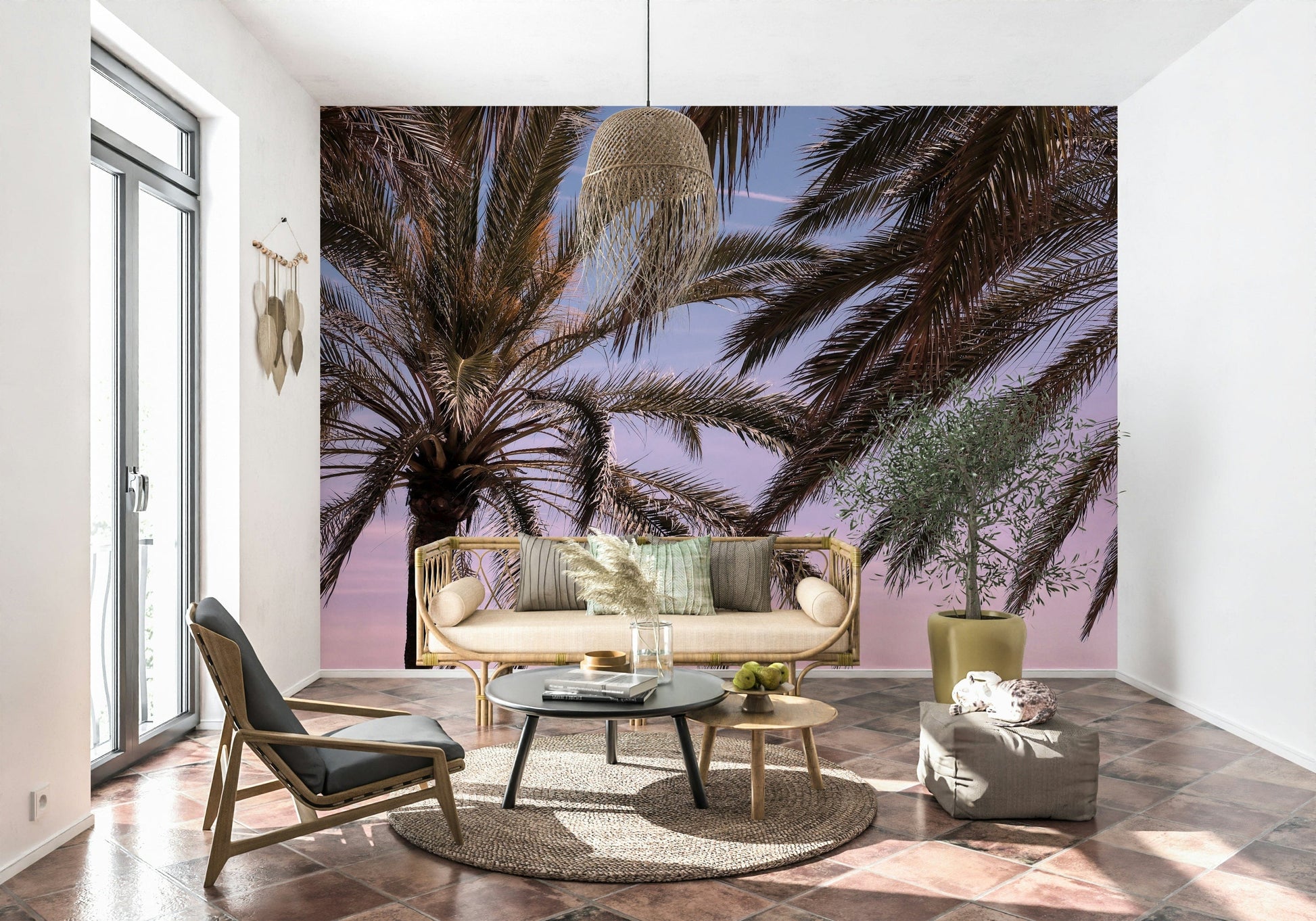 Palm Sky Serenity wallpaper with graceful palms and pastel skies for bedrooms or living rooms.
