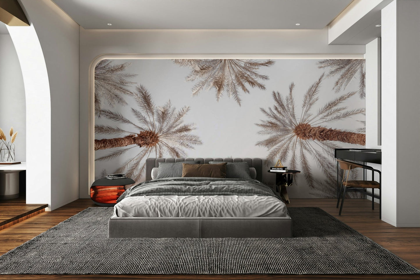 The composition is dynamic, with the trees arranged in a circle.

